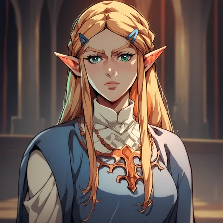source_anime, C4STL3V4NI4, castlevania_(netflix) ((score_9)),score_8_up,score_7_up,score_6_up,score_5_up,score_4_up, retro_artstyle, anime style, 1woman, Princess Zelda, blonde hair, large breasts, (green eyes), looking at viewer, facing viewer, masterpiece, best quality, highres, best illumination, depth of field,