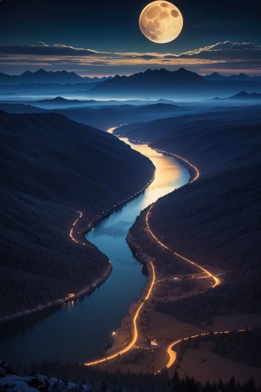 Space,River,Mountains,forests,full moon, clouds, beautiful sky, night, epic landscape, desolate atmosphere, from above, photorealistic, masterpiece, 64k, UHD, ultra detailed, vivid colors, high quality, sharp focus