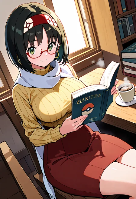 masterpiece, best quality,  curvy, beautiful eyes, narrow waist, wide hips, smile, looking at viewer, dynamic angle, foreshortening, close up,     zzErika, erika (pokemon), green eyes, short hair, black hair, red hairband,    <lora:ErikaPokemon_IXL:1.0>  [Cozy Intellectual Charm], Warm turtleneck sweater, small hoop earrings, reading glasses, soft scarf, Sitting at a wooden table in a quiet library, steam curling from a coffee cup, surrounded by books and ambient golden lighting through tall windows.