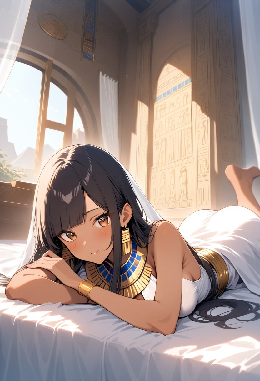1girl, solo, long black hair, small braids,blunt bangs, tan skin, brown skin,long white linen sheeth dress, ancient egyptian dress, egyptian necklace, gold waist chain, gold earrings, barefoot, ancient egypt background, temple maiden, marble palace, hieroglyphics, laying prone, on belly, white transparent face veil, white linen bed, large open windows, transparent white curtains, noon, sun beams, 
BREAK, masterpiece, best quality, amazing quality, girl, black hair, brown eyes, long hair, straight hair, side swept bangs, medium breasts, perfect eyes, 8k, highest quality, ultra details,