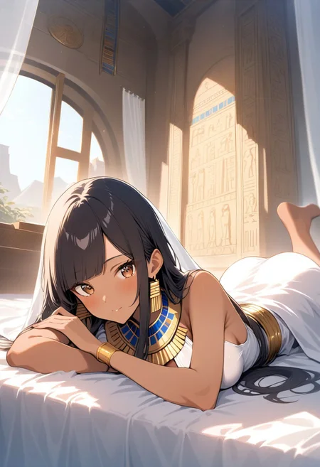 1girl, solo, long black hair, small braids,blunt bangs, tan skin, brown skin,long white linen sheeth dress, ancient egyptian dress, egyptian necklace, gold waist chain, gold earrings, barefoot, ancient egypt background, temple maiden, marble palace, hieroglyphics, laying prone, on belly, white transparent face veil, white linen bed, large open windows, transparent white curtains, noon, sun beams,
BREAK, masterpiece, best quality, amazing quality, girl, black hair, brown eyes, long hair, straight hair, side swept bangs, medium breasts, perfect eyes, 8k, highest quality, ultra details,