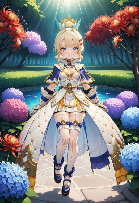 masterpiece, best quality, very aesthetic, absurdres, rom_saint_xl,
1girl, blonde hair, pony tail, hair ornament, blue eyes, 
full body, looking at viewer, miniskirt, mystical forest, water, spider lily, hydrangea, falling petals, light rays, tyndall effect, vivid colors, tranquil and magical atmosphere,
shiny skin, beautiful face, beautiful eyes, extreme detailed, official art, professional illustration, hires,
<lora:rom_saint_pony_xl:1>, <lora:aesthetic_anime_v1s:0.5>, <lora:add_details_xl:0.5>