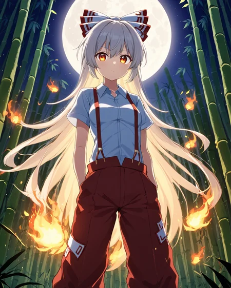 fujiwara no mokou,1girl, solo, fire, white_shirt, collared_shirt, suspenders, hair_bow, red_pants, looking_at_viewer, navel, hand_in_pocket, night_sky, ofuda_on_clothes, bamboo_forest, full_moon, short_sleeves, medium_breasts, white_bow, red_bow
<lora:fujiwara_no_mokou_image4672_2023-12-14-000008:1>,star-shaped_pupils,symbol-shaped_pupils,. gorgeous,key visual, vibrant, studio anime,award-winning, professional, highly detailed,high budget, cinemascope