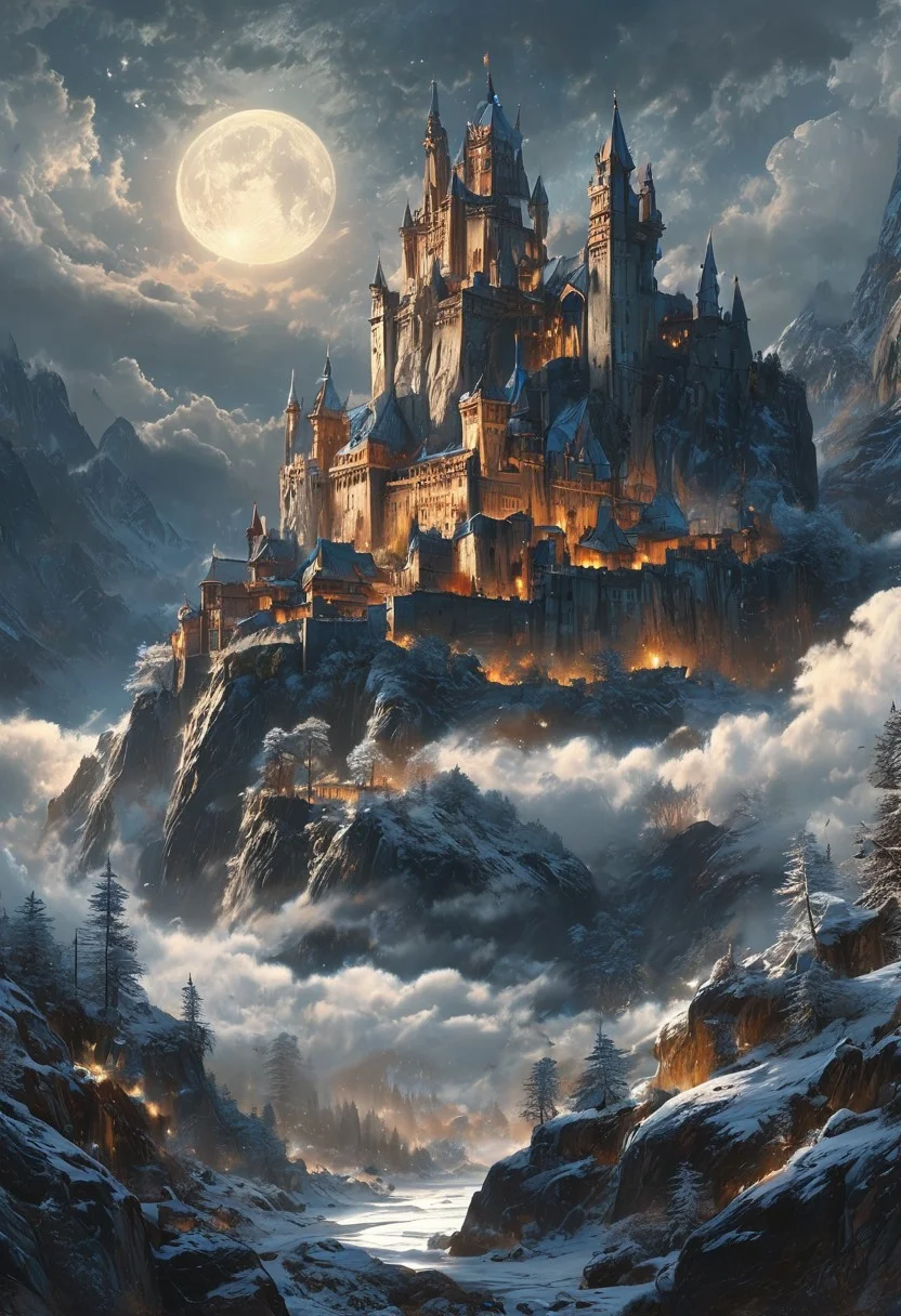 A captivating night scene illustration featuring a grand yet comfortable fortified castle  standing tall on a rocky and snowy mountain. The castle, adorned with multiple windows, emits a warm glow, highlighting its intricate architecture and rich history. The snow mountain is covered in great pine trees, reflecting on the calm, moonlit snow  that mirrors the silvery moonlight. The full moon graces the sky, casting an ethereal glow on the clouds and mountain, while wispy clouds partially obscure its brilliance, adding to the scene's mystique. Twinkling stars dot the sky, creating a celestial tapestry that harmonizes with the moon's radiance. This enchanting artwork captures a serene and peaceful night, where the illuminated castle  stands resolute amidst the celestial beauty, creating a cinematic experience., illustration, cinematic
<lora:DonM3t3rn1tyXL-v1.1:0.7>, DonM3t3rn1tyXL,
OverallDetailXL  <lora:MJ52:0.3>  <lora:SDXLFaeTastic2400:0.4>  <lora:EpicF4nta5yXL:0.7>