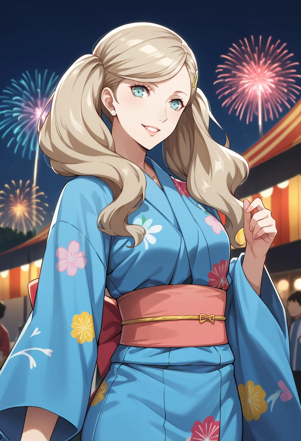 score_9, score_8_up, source_anime
1 girl, solo,
p5ann, takamaki anne, blonde hair, long hair, twintails, swept bangs, hair clip,
p5ann-yukata, yukata, blue yukata, japanese clothes, sash, pink sash,
outside, nighttime, fireworks, festival, happy, smile,
masterpiece, best quality, ultra detailed,