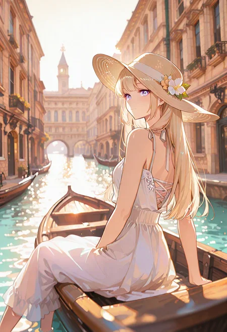 (score_9, score_8_up, score_7_up), masterpiece, best quality, very aesthetic, 8k, high resolution, superb quality, absurdres, (colorful), (detailed:1.4), smooth quality, BREAK, usnr, 1girl, 30  years old, long blonde hair, straight hair, fair skin, big violet eyes, slender body, delicate face, soft expression, looking over shoulder white summer dress, floral embroidery, sleeveless dress, elegant hat, wide-brim hat, feminine outfit, light fabric, summer fashion BREAK golden hour, soft sunlight, backlight glow, dreamy atmosphere, gentle shadows, cinematic tone, serene mood BREAK 
high detail, soft shading, clean lines, vibrant colors, high resolution, aesthetic composition
BREAK
Venice, canal, gondola, Italian architecture, water reflection, romantic cityscape, sunset lighting, warm tones, narrow canal, historical buildings, window flower boxes