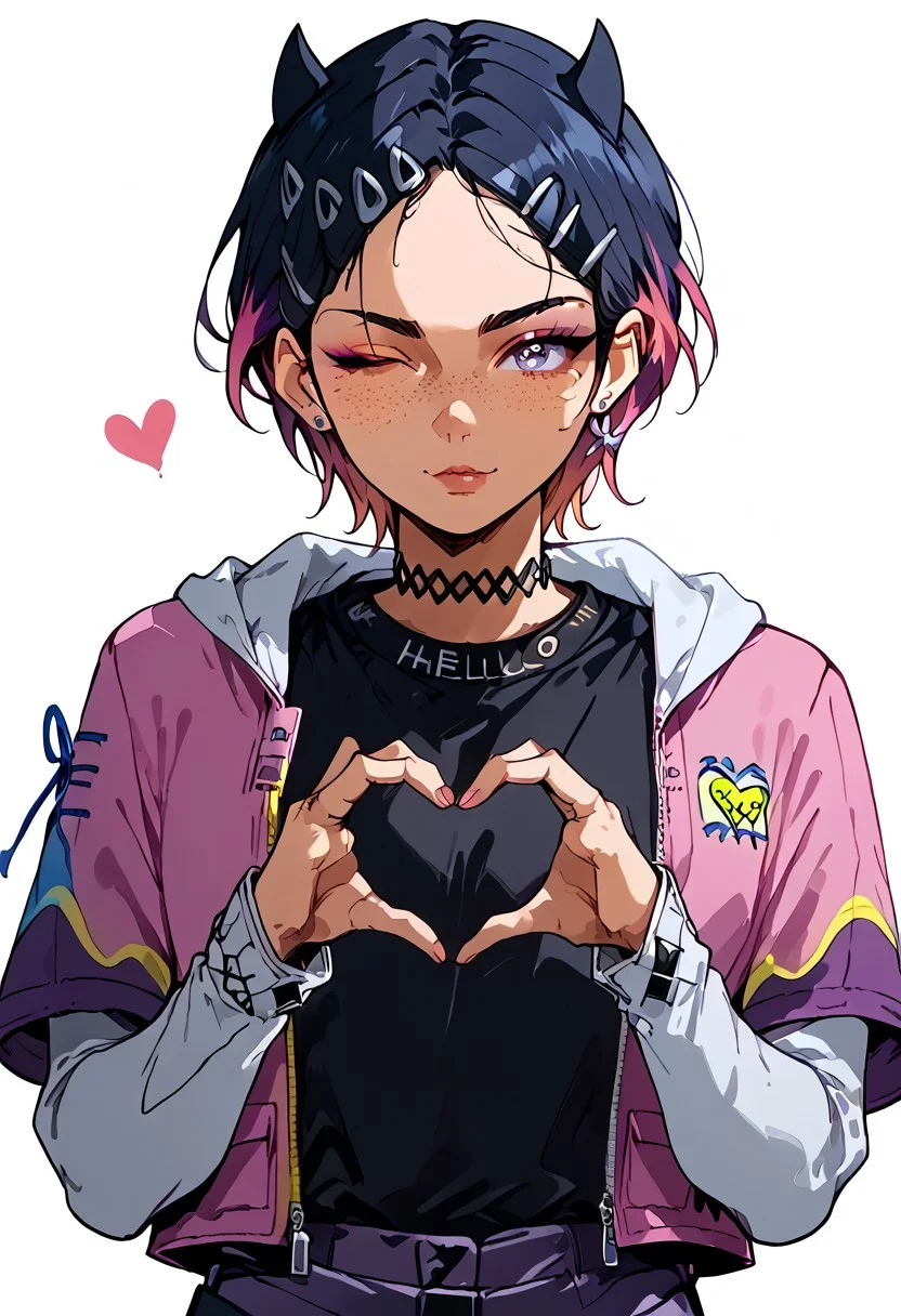 clove (valorant), freckles, solo, looking at viewer, short hair, two-tone hair, eyeliner, choker, jewelry, hairclip, jacket, black shirt, upper body, heart hands, wink, white background  <lora:Valorant_Clove-PONY:1>, score_8_up, score_7_up, score_6_up, score_5_up, score_4_up, 0n3sp3g