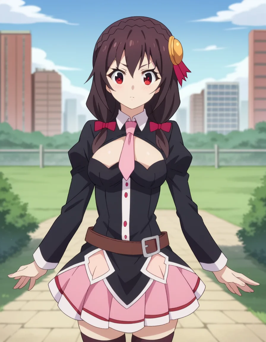 score_9, score_8_up, score_7_up, source_anime,
yunyun, <lora:konosuba-yunyun-s1s2-ponyxl-lora-nochekaiser:1>
yunyun, black hair, hair ornament, red eyes, bow, braid, crown braid,
skirt, thighhighs, long sleeves, necktie, belt, clothing cutout, cleavage cutout, pink skirt, pink necktie,
outdoors, cityscape,
looking at viewer, dutch angle, cowboy shot,