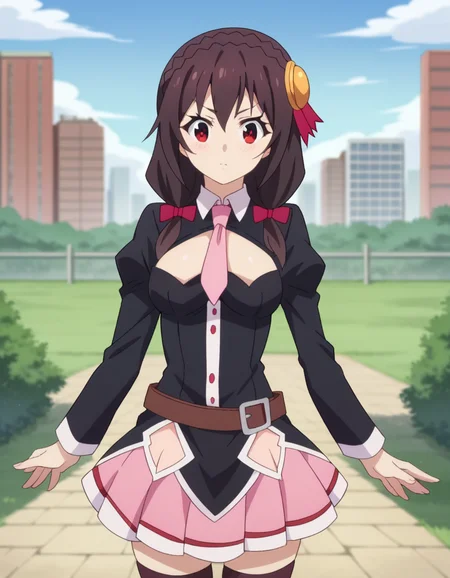 score_9, score_8_up, score_7_up, source_anime,
yunyun, <lora:konosuba-yunyun-s1s2-ponyxl-lora-nochekaiser:1>
yunyun, black hair, hair ornament, red eyes, bow, braid, crown braid,
skirt, thighhighs, long sleeves, necktie, belt, clothing cutout, cleavage cutout, pink skirt, pink necktie,
outdoors, cityscape,
looking at viewer, dutch angle, cowboy shot,