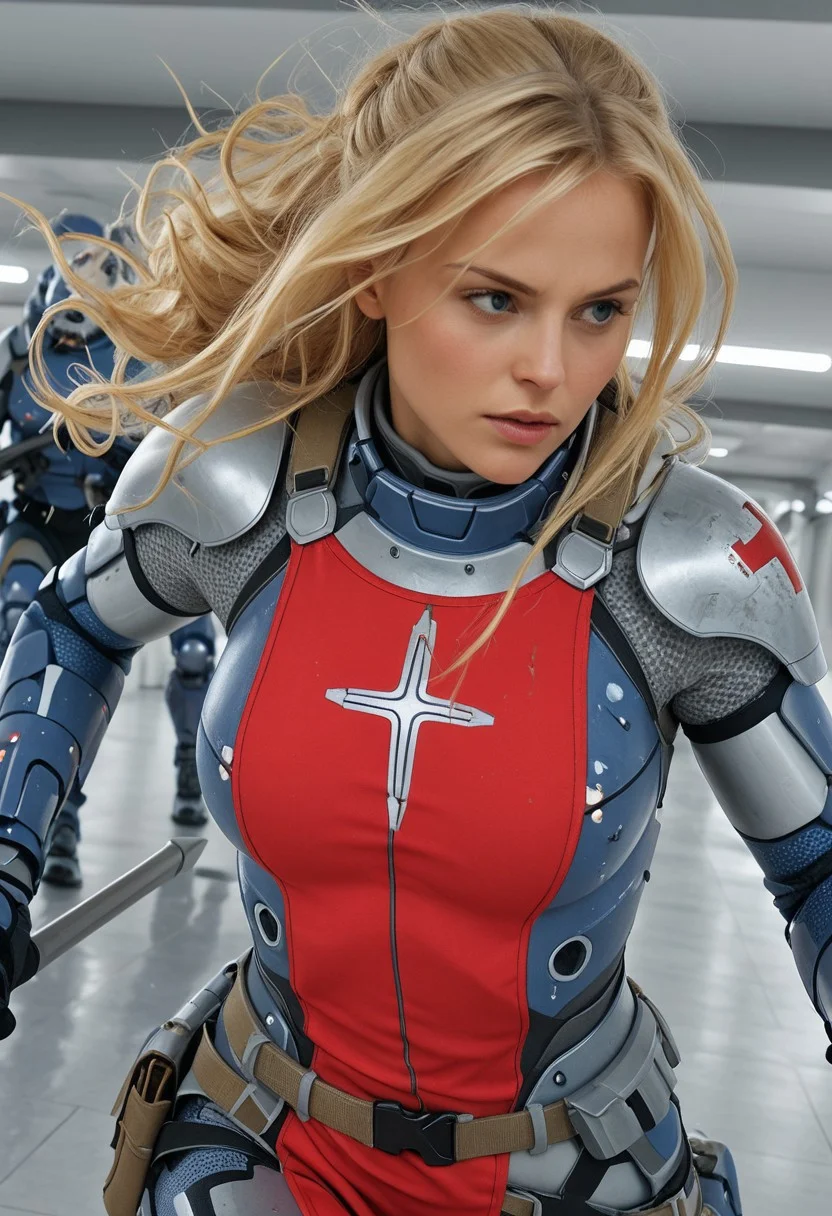 masterpiece, best quality, amazing quality, Smooth Quality, hard lighting, close up, upper body, red tabard,
detailed Background, joan_of_arc
1girl, blonde hairs, long hairs, Panoceania, wearing light armor, running, indoor, blue armor, sci-fi, holding sword, sword, energy blabe. Assault Rifle holstered on back