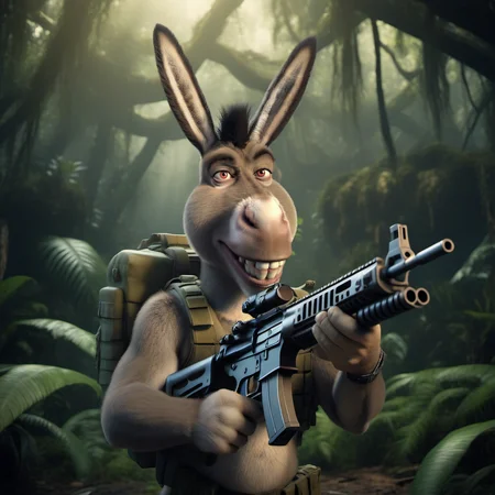 a mean psychopath muscular donkey with a machinegun in the jungle, predator still <lora:Donkey1024:0.8>