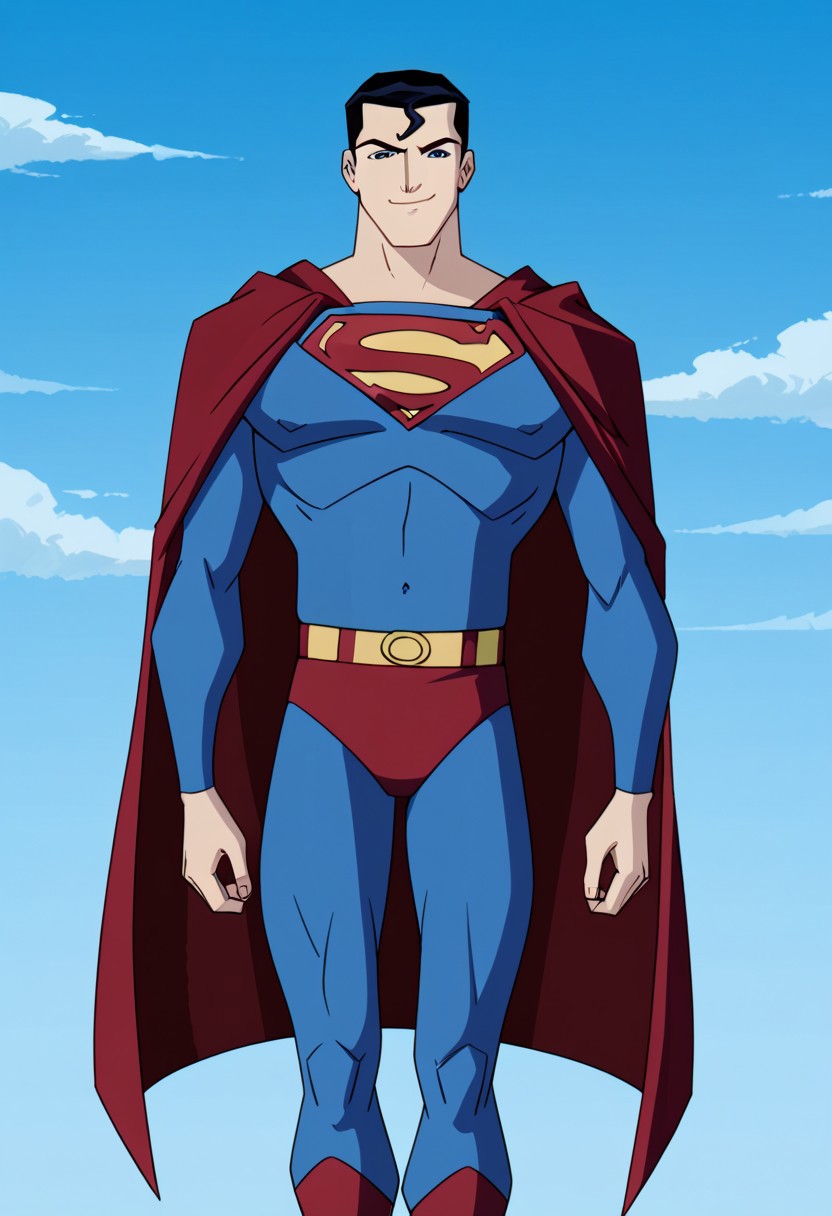 Score_9_up, score_8_up, score_7_up, 
BREAK, 
zPDXL3, BREAK ((style parody, parody), teen_titans, perfect eyes), BREAK, Superman, Super Black Hair, Blue Eyes, Red Cape, Blue Body Suit, Muscular, Muscular Male, Pectorals, Superhero, ((looking at viewer, closed_mouth, smirk)), levitating, in the sky, 
BREAK,
outdoors, clouds, day, blue sky background,