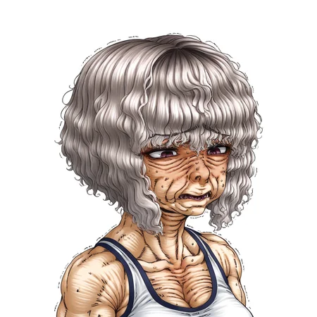 1girl, short hair, greying hair, trembling, wrinkled skin,