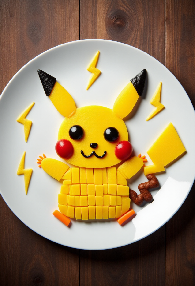 <lora:Food_Formations_FLUX-000016:0.9>
This is a photograph showcasing a meticulously arranged plate of food art on a white plate, designed to resemble Pikachu surrounded by lightning.