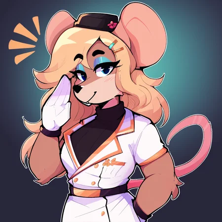 score_9_up, score_8_up, score_7_up, score_6_up, furry female, half-length portrait, by remanedur, ela novabay, female, furry, mouse, blue eyes, blue eyeshadow, blonde hair, long hair, tail, white gloves, headwear, (headgear), high heels, (salute), looking looking at viewer, hairclip, white uniform, standing, (solo), three-quarter view, head tilt, <lora:Leah_Pines(AIM)_XL_v1:1>, <lora:PDXL_artist_tags_v2_big:0.8> <lora:The-Minuscule-Task_PDXL_v1.0:0.8> <lora:Ela_Novabay_WirelessShiba:0.15>