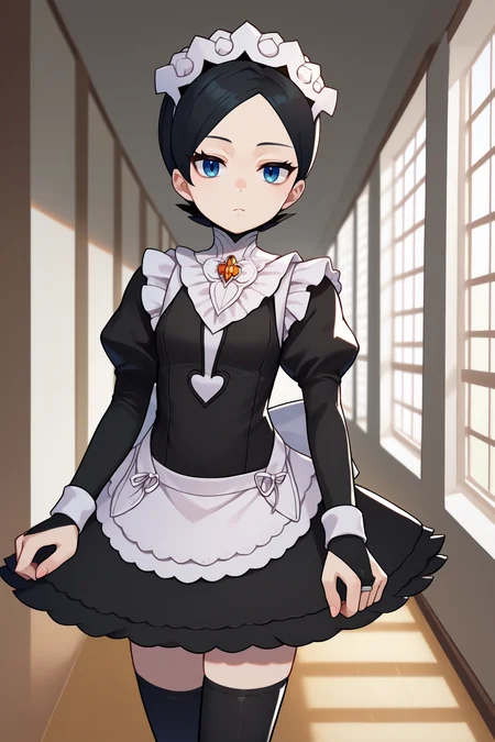 score_9, score_8_up, score_7_up, score_6_up, source_anime, 1girl, solo, <lora:pkmnmarley-pdxl-nvwls-v1-000006:1> pmMly, black hair, short hair, blue eyes, hair bow, white bow, <lora:fatesmaid-fe-richy-v1_pdxl:1> fates maid, maid headdress, maid apron, bridal gauntlets, black thighhighs, hallway, looking at you, bored