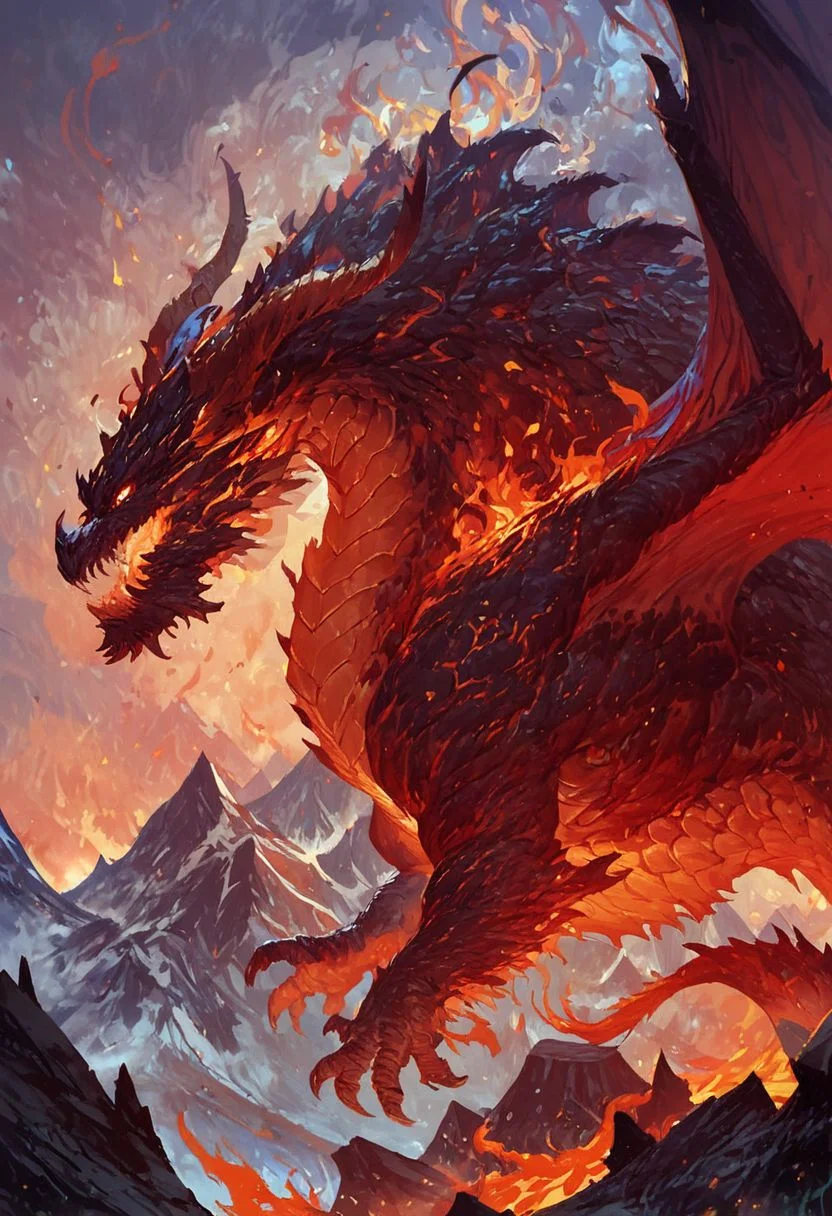 score_9, score_8_up, score_7_up, score_6_up, score_5_up, score_4_up, gigantic dragon, teeth, horns, long tail, wings, mountains, fire aura,fantasy,solo focus,epic