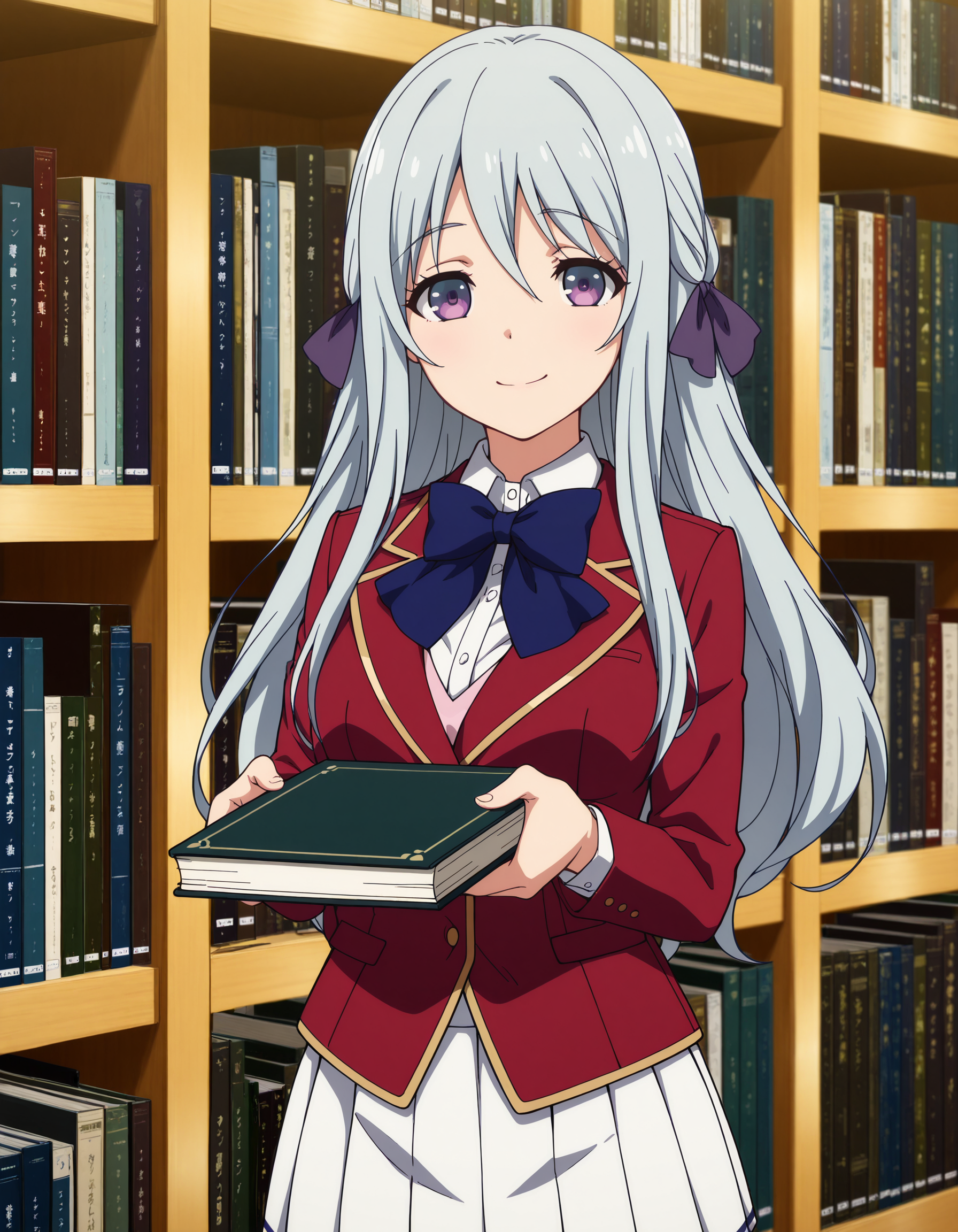 masterpiece,best quality,(library:0.7),standing,smile,holding books,looking at viewer,, <lora:hyr5:1.0>
hyr,1girl,solo,gray hair,deep purple eyes,long hair,hair ribbon,purple ribbon,(half-closed eyes:0.6),(eyelashes:0.8),tareme,anime coloring
red jacket,white shirt,blue bowtie,white skirt,pleated skirt,advanced_nurturing_high_school_uniform,