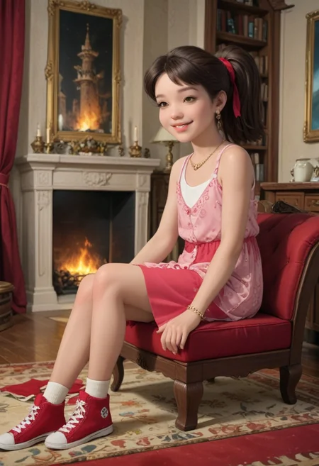 score_9, score_8_up, score_7_up, masterpiece, best quality, highly detailed, (masterpiece, best quality, highly detailed), very detailed face, hyperrealistic, (UHD quality details), beautiful face,
Sitting on luxurious sofa,
1 girl, legal age, young, petite, flat chest, small breast,
Luxurious earings, necklace, Bracelet,
Smile, happy,
Emmypony
overall skirt, ponytail, red hair ribbon, brown hair, brown eyes, red converse, red footwear
Sitting on luxurious sofa,
Luxurious dining room, chateau, fireplace, fire in the fireplace, chandeliers, candles, window, carpet, curtains, paintings on the walls, table, sofa,
Cowboy shot, Dynamic move, Moving,
Working,
Side view