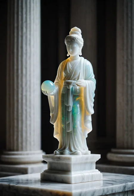 Fujifilm XT3, Sony A7 IV, (award winning photography) a (white: 0.89) marble (figurine) made of opal (Kintsugi: 0.89) set on a pedestal in temple, glistening. in the background beautiful pillars, divine (iridescent: 0.79), opalescent textures, volumetric light, ethereal, sparkling, studio photo, highly detailed, sharp focus (highest quality: 1.39) (highest coherency: 1.39) (award winning photography), highly detailed photography, (muted colors, cinematic, dim colors, soothing tones:1.2), vibrant, insanely detailed, hyperdetailed, (dark shot:1.2), (vsco:0.3), (intricate details:0.9), (hdr, hyperdetailed:1.2) (vignette), sss, raw photo, fijifilm, kodak, cinematic film grain
