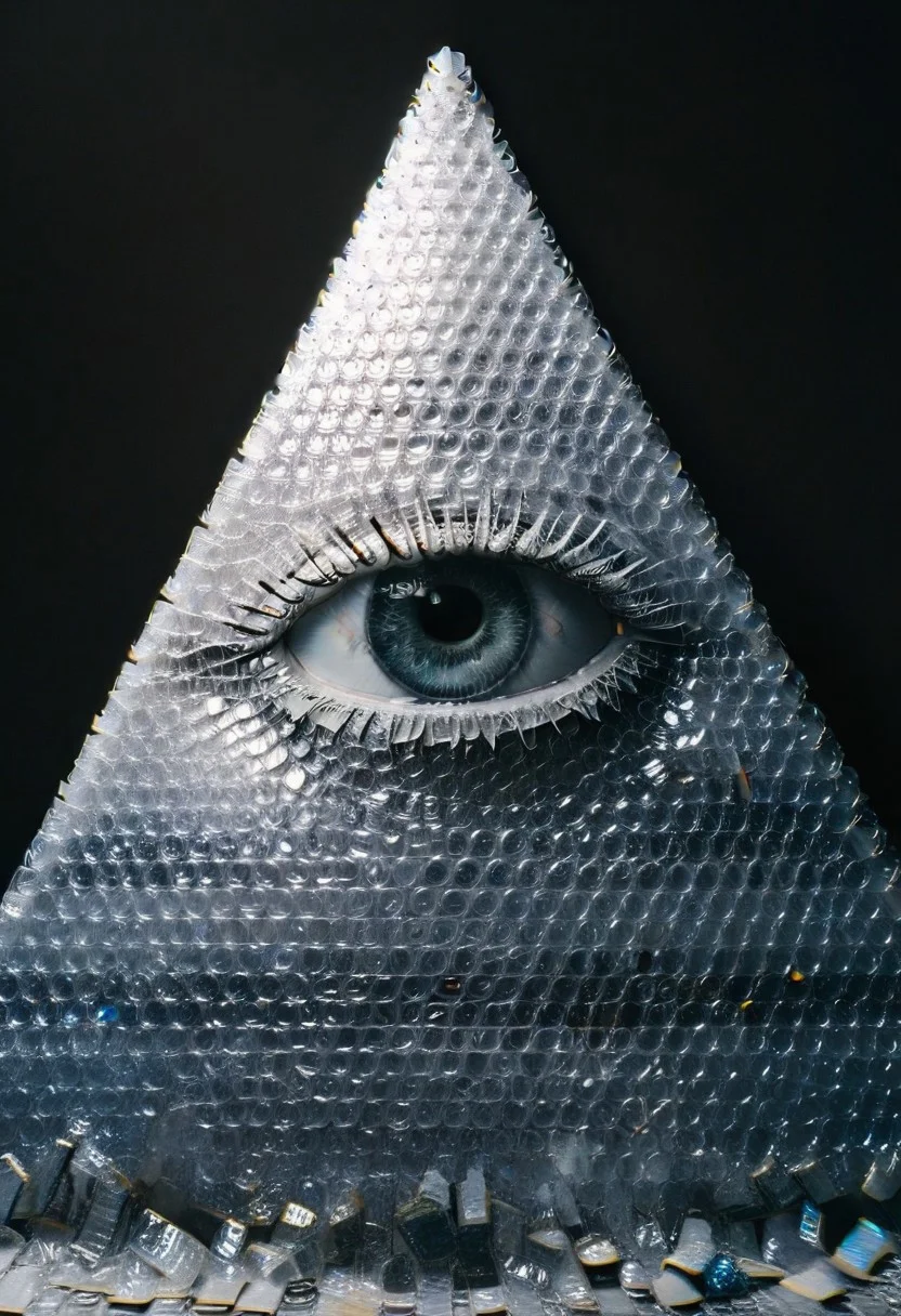 mountain, surreal, double exposure, dark and moody ,colored all seeing eye pyramid made of franglamex, covered with ral-bubblewrap, film grain, high quality, dramatic, poster