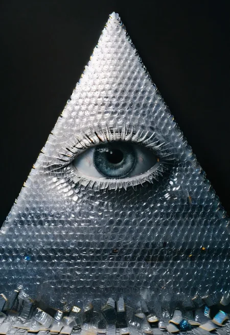 mountain, surreal,  double exposure, dark and moody ,colored all seeing eye pyramid  made of franglamex, covered with ral-bubblewrap, film grain, high quality,  dramatic, poster