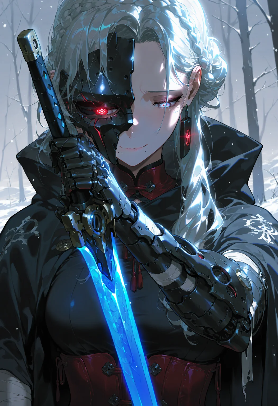 best quality, amazing quality, very aesthetic, absurdres, scenery, high detail, 8K, high quality, highres,
close-up, looking down, portrait, detailed, Sinozick_illu, gradient, 4ur4_illu,shiny, snow 1girl, mechanical face, sad smile, light frown, crown braid, silver hair, half mask, red corset, pale eye, symbol-shaped pupils, glowing eyes, beautiful eyes, mole under mouth, mature female, bandaged arm, single mechanical arm, black bandages, torned black cloak, holding sword, steel sword,
best quality, amazing quality, very aesthetic, absurdres, scenery, high detail, 8K, high quality, highres,