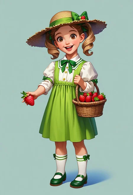 score_9, score_8_up, score_7_up, mgas, masterpiece, best quality, detailed eyes, detailed face, perfect eyes, high detailed, absurdres, highres, BREAK 1girl, kid, child, little girl, solo, pretty, smile, open mouth, teeth, medium hair with two pigtails, pigtail secured with a green elastic band at the end, bangs, large brown eyes, light brown straw hat with a green ribbon and bow, white blouse with elbow-length sleeves, green knee-length dress, strawberry badge on the right side of the chest, green shoes, white socks, BREAK the left hand holds a yellow basket with strawberries, the left arm is bent at the elbow, the left hand is holding the hat, knees inside, clubfoot, standing, full body shot, semi-sideways, half-sideways, looking at viewer, BREAK simple background, gray background, single strawberry on the floor