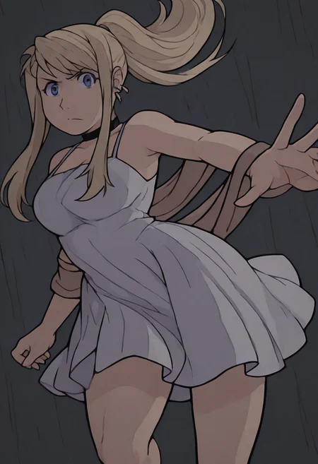 Masterpiece,best quality,limited color palette,lineart,vector art,1girl,solo, cowboy shot,
winryRockbell, serious, looking at viewer, outstretched arm, blonde hair, ponytail, sidelocks, blue eyes, white dress, shawl, sleeveless, spaghetti strap, bare legs, earrings, black choker, dark background
<loraWinry_Rockbell_illustrious-XL:1>, P0K3M1LF5TYL3,