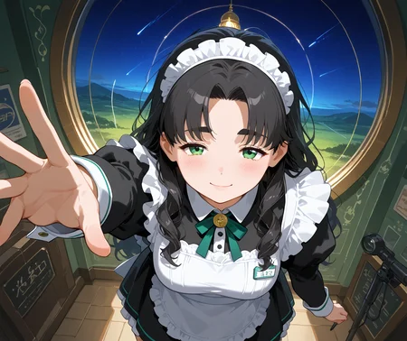 PonyScores7, source_anime, ah1, IllustriousQual, <lora:natsumi_style:0.5>, <lora:by_usakun-pony:0.4> by usakun, <lora:Akina_Bbw_Style_-_PonyXL:0.2> AkinBw
BREAK 1girl, mature female, (round face:1.2), (thick eyebrows:1.3), (curvy), round-chin, caucasian, (plump face), <lora:Round_face:0.2>, <lora:ETO_OCPonyXL:0.5> eto_oc, skindentation, (plump), thick thighs, wide hips, busty, voluptuous, lips, <lora:venus body PonyXL:0.4>, <lora:shinyskin2:0.2> glistening skin
BREAK (((curly hair), long hair, (black hair:1.4), (parted hair:1.7), messy hair, kinky curls, <lora:hairdetailpxl:0.2> hairdetailpxl))
BREAK ((brown and green eyes), (brown_flecked_irises), (green_flecked_irises), (colorful eyes), (multicolored eyes), (downturned eyes:1.4), <lora:expressive eyes:0.5> expressive eyes, <lora:eyedetailpxl:0.2> eyedetailpxl, <lora:Eyes_High_Definition:0.3> EyesHD)
BREAK ((chin tilted up slightly, eyes wide open, slight smile, <lora:Expressive_H:0.2> Expressiveh, <lora:Emotional_Anime_Expressions_PonyXL_Concept:0.2> emotional, <lora:Best_Facial_Expression_LoRA_PONY:0.2>, <lora:expresionesv3Rank128:0.2> expresiones, <lora:Detailed expressive EXEV style -XL Pony V1.0:0.2> FaceDetail))
BREAK ((one arm reaching forward, body bent at the waist, legs together, focused and intent body language))
BREAK redhead Military-inspired coat with gold buttons and epaulettes
BREAK (((A celestial-themed maid cafe, located within an observatory with telescopes, star maps, and cosmic decorations adorning the walls, Guests dine under a simulated night sky filled with twinkling stars and constellations, while waitresses dressed as celestial beings serve cosmic-inspired cuisine)))
BREAK <lora:xl_more_art-full_v1:0.2>, <lora:aesthetic_anime_v1s:0.2>, <lora:EpicF4nta5yXL:0.2>, <lora:detailxl:0.2> detailxl, <lora:Fant5yP0ny:0.2>, best quality, amazing quality, best aesthetic, absurdres, illustration, Volumetric_Lighting, ultra-detailed, very aesthetic, intricate details, 8k, masterpiece, best_quality
BREAK (zoom_out:1.8), (High Angle (from the side) view Close shot, focus on head)
BREAK Stable_Yogis_PDXL_Positives, AS-Adult, <lora:Complicated fantasy portrait - XL Pony V2.0:0.3>, bad-hands-5, <lora:HDA_Detailer:0.5>, HDA_FatGirlXL,