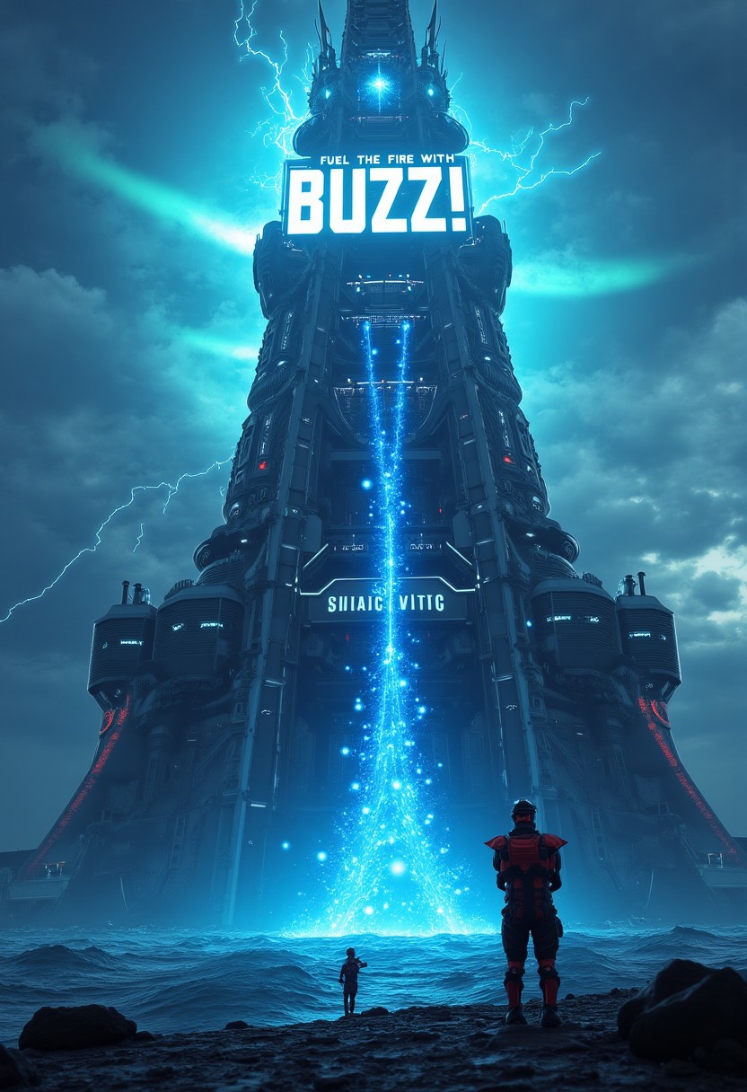 "In the heart of a vast, futuristic oil rig, towering above a churning ocean, stands a massive, high-tech fuel depot that glows with an otherworldly energy. The rig, a marvel of advanced engineering, is composed of sleek metal and transparent panels that reveal the glowing blue liquid being processed within. Giant mechanical arms extend from the rig, harvesting luminous orbs of 'Buzz' from deep within the ocean’s mysterious depths. These orbs are then funneled through translucent pipelines into a central reactor that pulses with immense power.
Above the rig, suspended in the sky, a holographic display lights up the clouds, casting the word "Fuel the Fire with Buzz!" in bold, electrifying letters. The sky is alive with streaks of lightning and auroras, reflecting the sheer energy being generated. Workers, clad in advanced exosuits, oversee the process, their silhouettes highlighted against the brilliant glow of the rig’s operations. The scene is a blend of industrial might and futuristic wonder, where the collection and harnessing of Buzz fuel the very heart of this powerful, energy-producing machine."