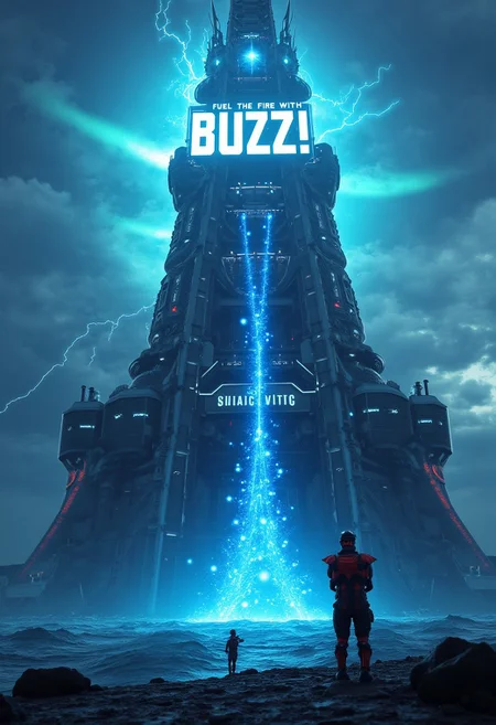 "In the heart of a vast, futuristic oil rig, towering above a churning ocean, stands a massive, high-tech fuel depot that glows with an otherworldly energy. The rig, a marvel of advanced engineering, is composed of sleek metal and transparent panels that reveal the glowing blue liquid being processed within. Giant mechanical arms extend from the rig, harvesting luminous orbs of 'Buzz' from deep within the ocean’s mysterious depths. These orbs are then funneled through translucent pipelines into a central reactor that pulses with immense power.
Above the rig, suspended in the sky, a holographic display lights up the clouds, casting the word "Fuel the Fire with Buzz!" in bold, electrifying letters. The sky is alive with streaks of lightning and auroras, reflecting the sheer energy being generated. Workers, clad in advanced exosuits, oversee the process, their silhouettes highlighted against the brilliant glow of the rig’s operations. The scene is a blend of industrial might and futuristic wonder, where the collection and harnessing of Buzz fuel the very heart of this powerful, energy-producing machine."