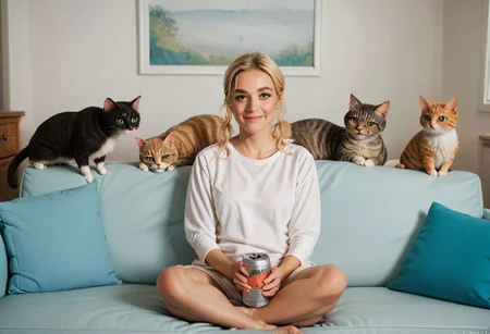 score_9, score_8_up, score_7_up, score_6_up, piperperri_meme, surrounded, 1girl human, holding (cat food can:1.3), white shirt, sitting, sofa, multiple feral cats, tiny cats,