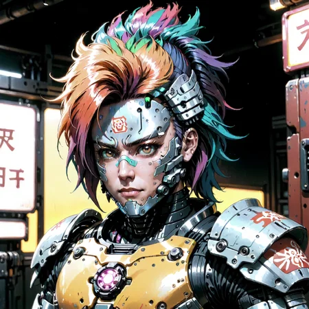 Analog style, vhs style, 8mm film, chromatic aberration, Dvd screengrab, from liveaction low budget 80s cyberpunk movie, a close up cinematic shot of a (cyborg samurai) wearing high tech mechanical armor, bushido, Multi-Layered Textures, <lora:OMG-Is-DucHaiten_v1.0:0.51>