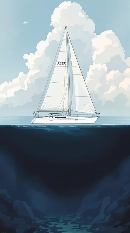 A majestic sailboat design with proper keel is seen in profile from the side. The design artwork is divided in two by the waterline. Above the water we see the elegant minimalist modern sailboat with design cues that evoke an early 20th century revival design language. The elegant sails are simple with the number 3275 in small black lettering. Cumulous clouds rise into the stratosphere far above the sails from the hazy blue sky at water level. Below the water we see a proper hull and keel design descend into the water. The water becomes darker blue towards the bottom of the image arriving at the hazy seabed. Far below, the rocky bottom seems to feature faint seaweed swirling in the depths, rooted to sandy crevices at the murky bottom, but obscure and dark well below the sailboat. Overall the sailboat is the main focus, bright and elegant, and of expert nautical design. The details are subtle and not immediately visible without looking closely. This award winning nautical design artwork is an inspiring minimalist watercolor and ink illustration. -messy, -kitsch, -cartoon