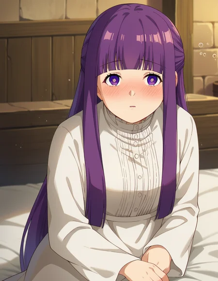 score_9, score_8_up, score_7_up, source_anime,
fern, <lora:fern-s1-ponyxl-lora-nochekaiser:1>,
fern, long hair, bangs, purple eyes, purple hair, sidelocks, blunt bangs, bright pupils, half updo,
long sleeves, dress, white dress, long dress,
indoors, bed, bed room, on side, blush, drunk,
looking at viewer, cowboy shot, dutch angle,