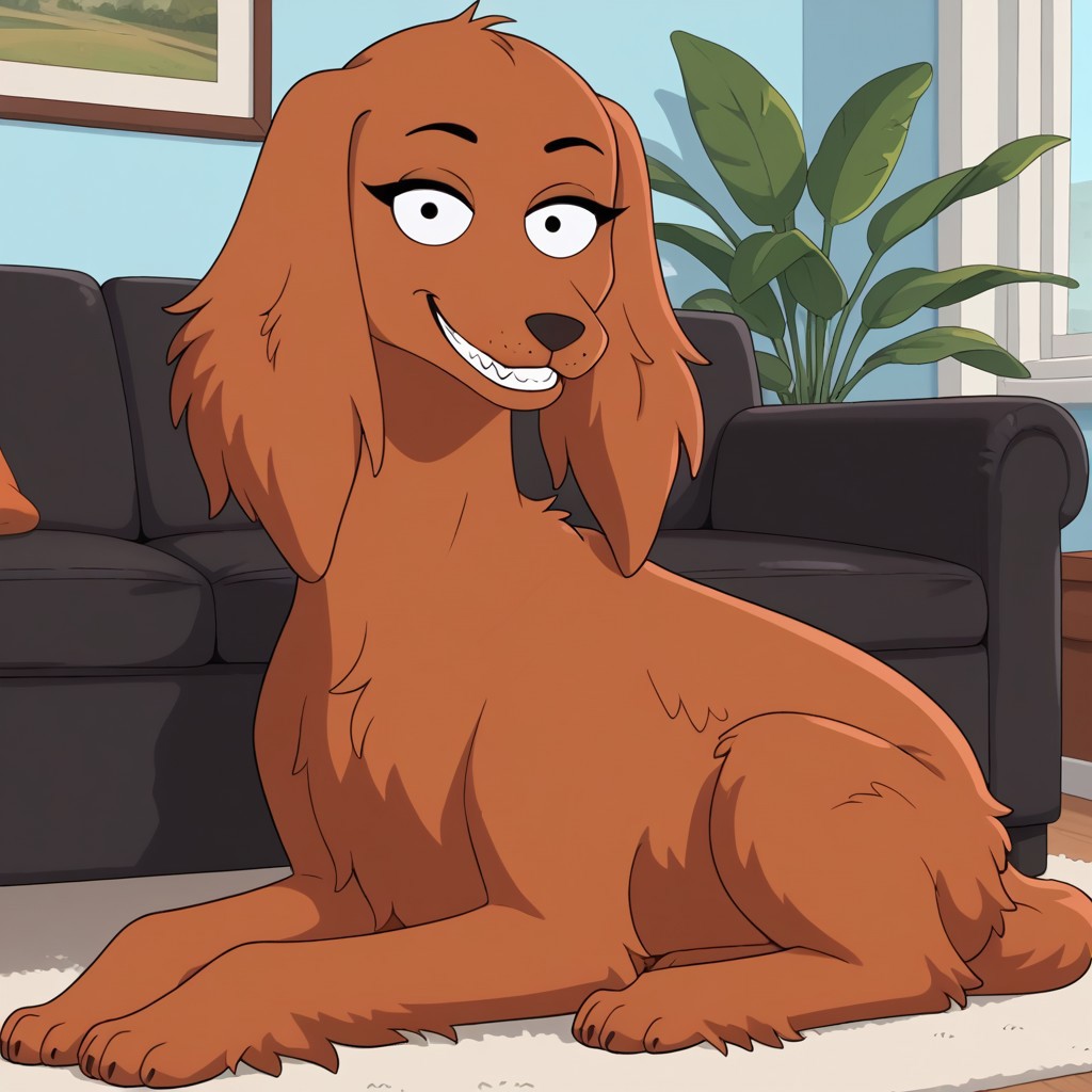 score_9, score_8_up, score_8, score_7, score_6_up, source_cartoon, Cherry(HB), Solo, 1girl, feral, dog, Irish setter, red fur, long ears, dog tail, black eyes, eyelashes, full body, looking at viewer, smile, evil grin, sitting on couch, living room background,