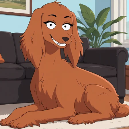 score_9, score_8_up, score_8, score_7, score_6_up, source_cartoon, Cherry(HB), Solo, 1girl, feral, dog, Irish setter, red fur, long ears, dog tail, black eyes, eyelashes, full body, looking at viewer, smile, evil grin, sitting on couch, living room background,