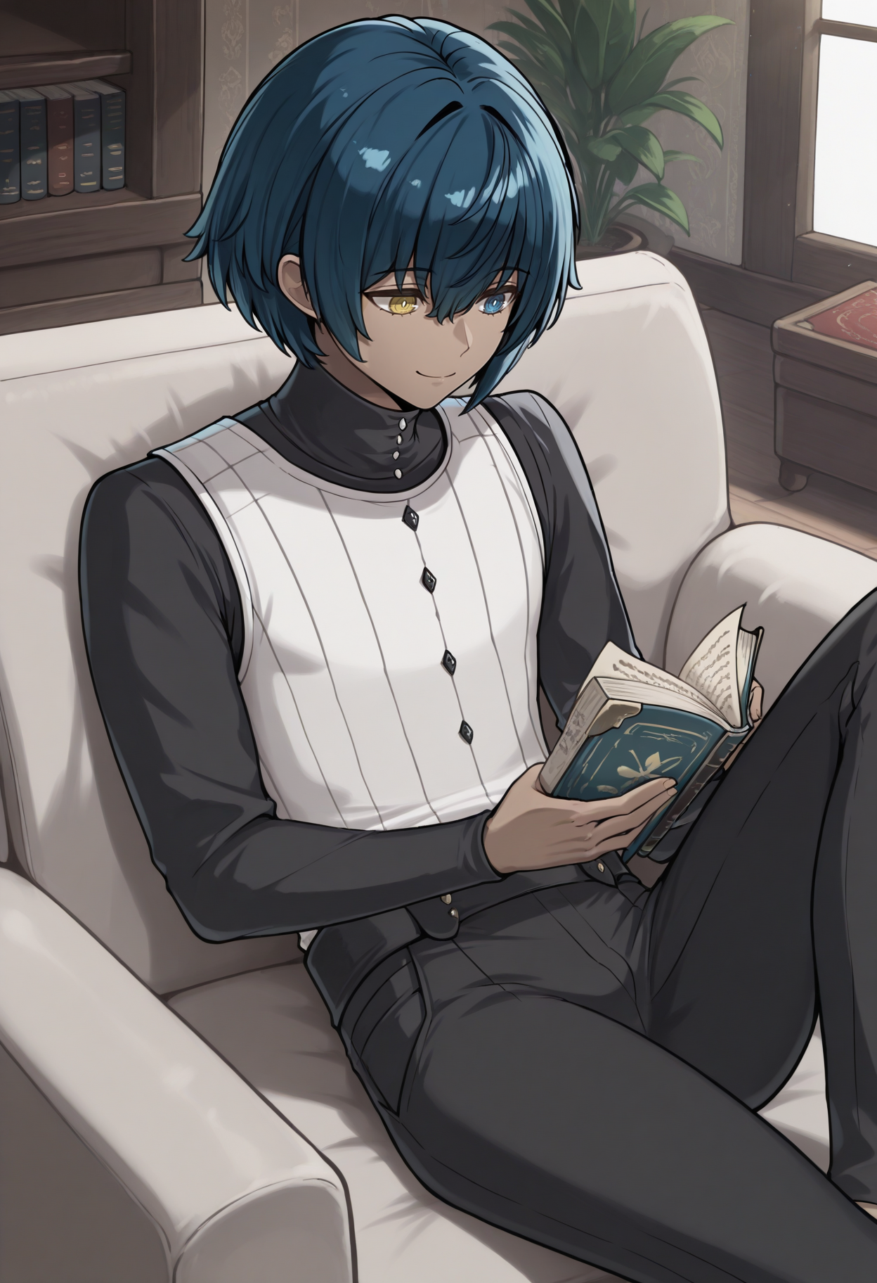 masterpiece, best quality, 1boy, smile, closed mouth, sitting, knee up, open book, reading, <lora:ProtagonistMR-illu:1> csProtag, blue hair, short hair, hair between eyes, heterochromia, yellow eyes, blue eyes, dark-skinned male, white vest, pinstripe vest, black shirt, long sleeves, black sleeves, black pants, couch, living room