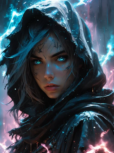 a portrait of a hooded young punk woman, set amidst white and sky-blue auroras, incorporating cosmic plasma markings that evoke a sense of Chemiluminescent Impressionism, (LOW-KEY:1.2) <lora:HellJourney_XL_V12024-08-01_09-12-39-save-2806-8-0:0.6> <lora:incase-ilff-v3-4:0.4> <lora:Fant5yP0ny:0.4> <lora:zavy-cntrst-sdxl:1.0>