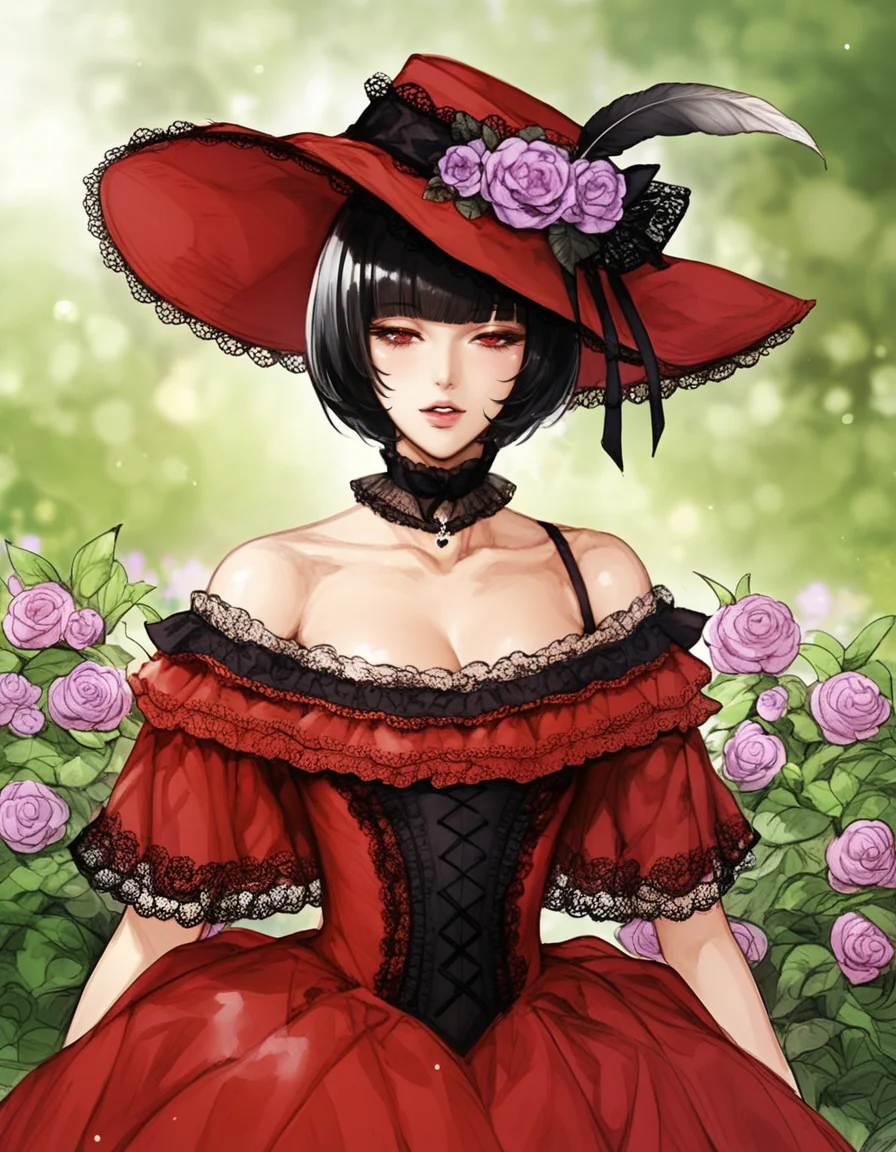 score_9, score_8_up, score_7_up, BREAK 1girl, solo, short hair, black hair, bangs, blunt bangs, red eyes, shiny skin, off shoulder, red dress, frills, lace trim, choker, hat, hat flower, (hat feather), BREAK dark, outdoors, plant, flower, garden, portrait, depth of field, half-closed eyes, parted lips, blurry background, looking at viewer, illustration, <lora:manhwa_illustration:0.95>