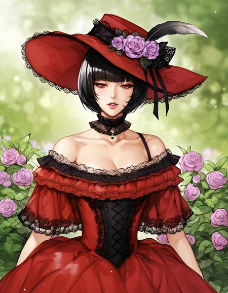 score_9, score_8_up, score_7_up, BREAK 1girl, solo, short hair, black hair, bangs, blunt bangs, red eyes, shiny skin, off shoulder, red dress, frills, lace trim, choker, hat, hat flower, (hat feather), BREAK dark, outdoors, plant, flower, garden, portrait, depth of field, half-closed eyes, parted lips, blurry background, looking at viewer, illustration, <lora:manhwa_illustration:0.95>