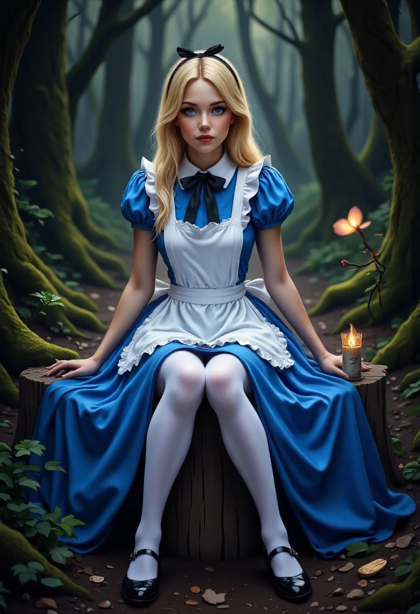 Alice, Alice in Wonderland. in the forest, dark forrest. sitting.. spread legs
AliceInUnderland, AliceWaifu, sexy alice, blue eyes, blue dress, white pantyhose, apron, black bow, blonde, black shoes, sexy shoes