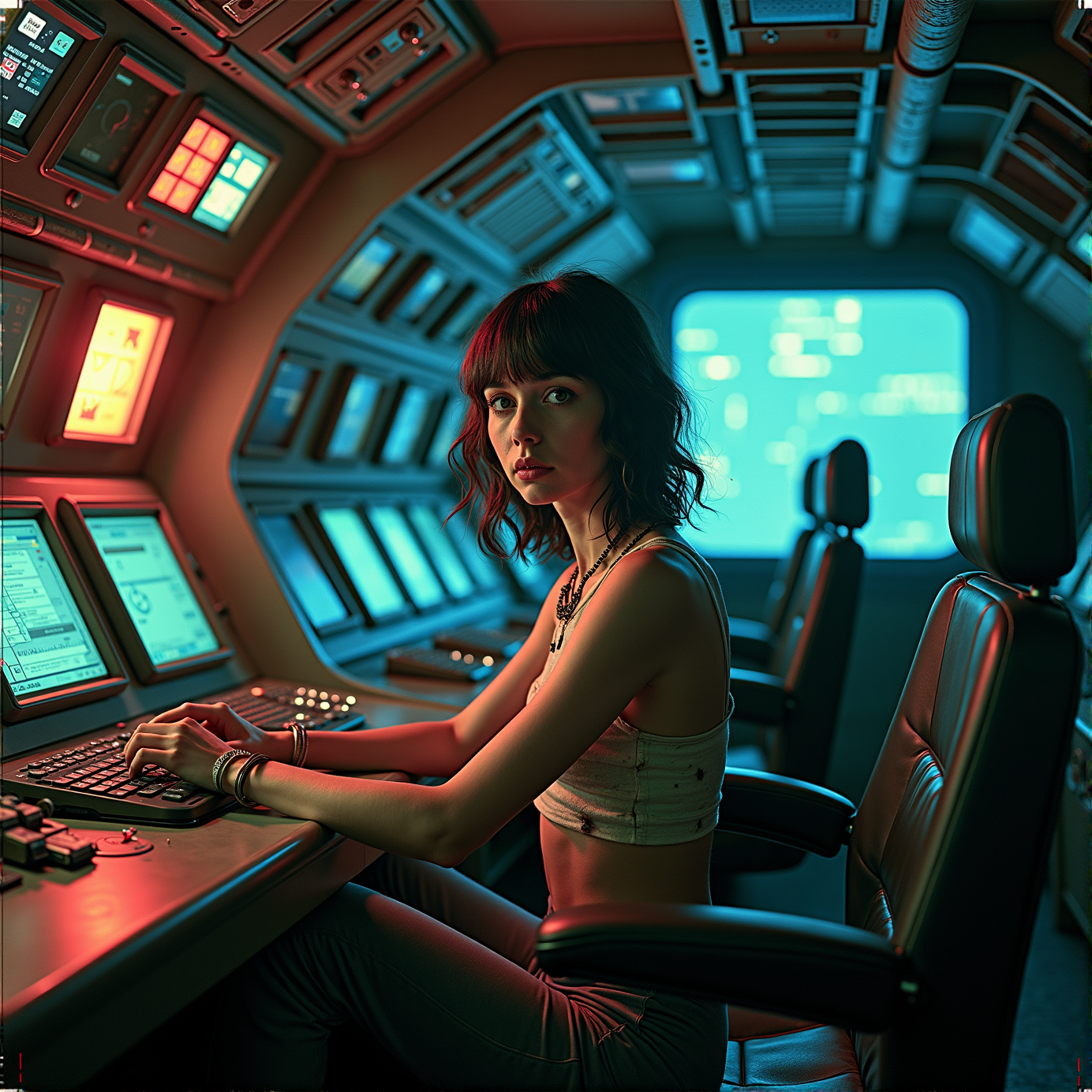 worn-down computer control panels surrounding an adult woman in dirty clothes sitting in a starship, creating a hyperpunk scene with desaturated dark red and blue details, colorful (polaroid:0.7) with vibrant colors, (vacations, high resolution:1.3), (small, selective focus, european film:1.2), (sexual advance:1.1), closeup, 