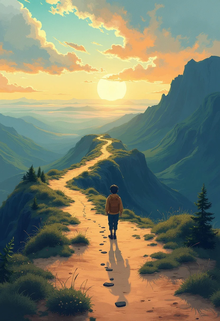 an illustration that captures the essence of the proverb "A journey of a thousand miles begins with a single step", where a solitary figure stands at the edge of a vast, unknown landscape. The image should feature a single footprints on the ground, leading the way into the distance, symbolizing the beginning of a long and transformative journey. The overall aesthetic should convey a sense of determination, courage, and the promise of adventure and discovery, The First Step, Proverb, Journey, Thousand Miles, Single Step, Solitary Figure, Unknown Landscape, Footprints, Determination, Courage, Promise, Adventure, Discovery.