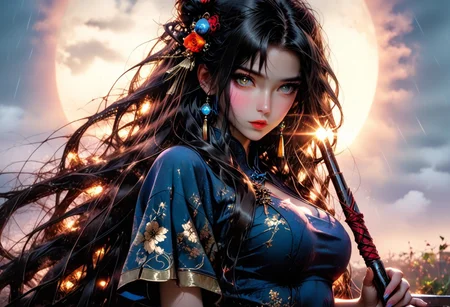 8K, masterpiece, Vibrant colours, light rays, depth of field, long shot beautiful Chinese girl with smooth soft skin, highly detailed face , very very long black straight voluminous hair, loose very long smooth black hair , deep vibrant hazel eyes, big eyes, large breasts, slim body, seductive look, wearing blue chinese dress with floral embroidery, holding a blue chinese umbrella in her hand, a steam engine train is in the background, light rain, with sun rays shining through the clouds