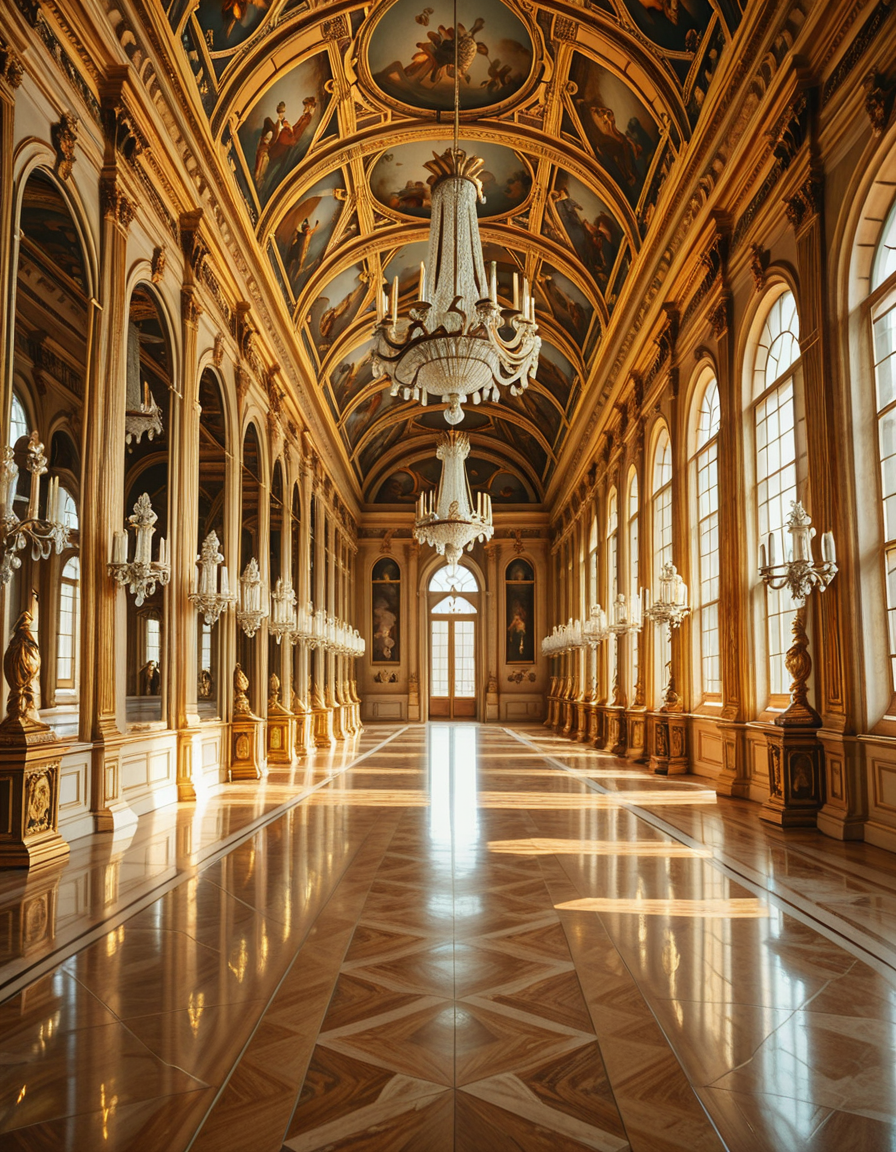 A breathtaking, photorealistic depiction of the Hall of Mirrors (Galerie des Glaces) at the Palace of Versailles in France, captured in golden afternoon light. The hall is grand and opulent, with a high arched ceiling painted with intricate Baroque frescoes. The walls are lined with tall arched mirrors on one side and large arched windows on the opposite side, flooding the space with natural light. Elegant crystal chandeliers hang from the ceiling, reflecting in the mirrors and sparkling with golden highlights. The marble floors are polished and gleaming, with rich, warm tones. Gilded statues and decorative elements frame the mirrors and doorways. The image style is ultra-detailed and photorealistic, with sharp textures and soft, warm lighting creating a majestic, timeless atmosphere. No people present, only the serene magnificence of the empty hall. Camera angle at eye level, centered down the hall, capturing the full length and symmetry of the space.
<lora:SDXLFaeTastic2400:0.4> <lora:extremely_detailed:0.4> extremely detailed,Hall of M1rr0rs, <lora:Hall_of_M1rr0rs-i:1>, Masterpiece,best quality,hi res,8k,hi res,8k,award winning,(sharp focus, intricate, highly detailed),