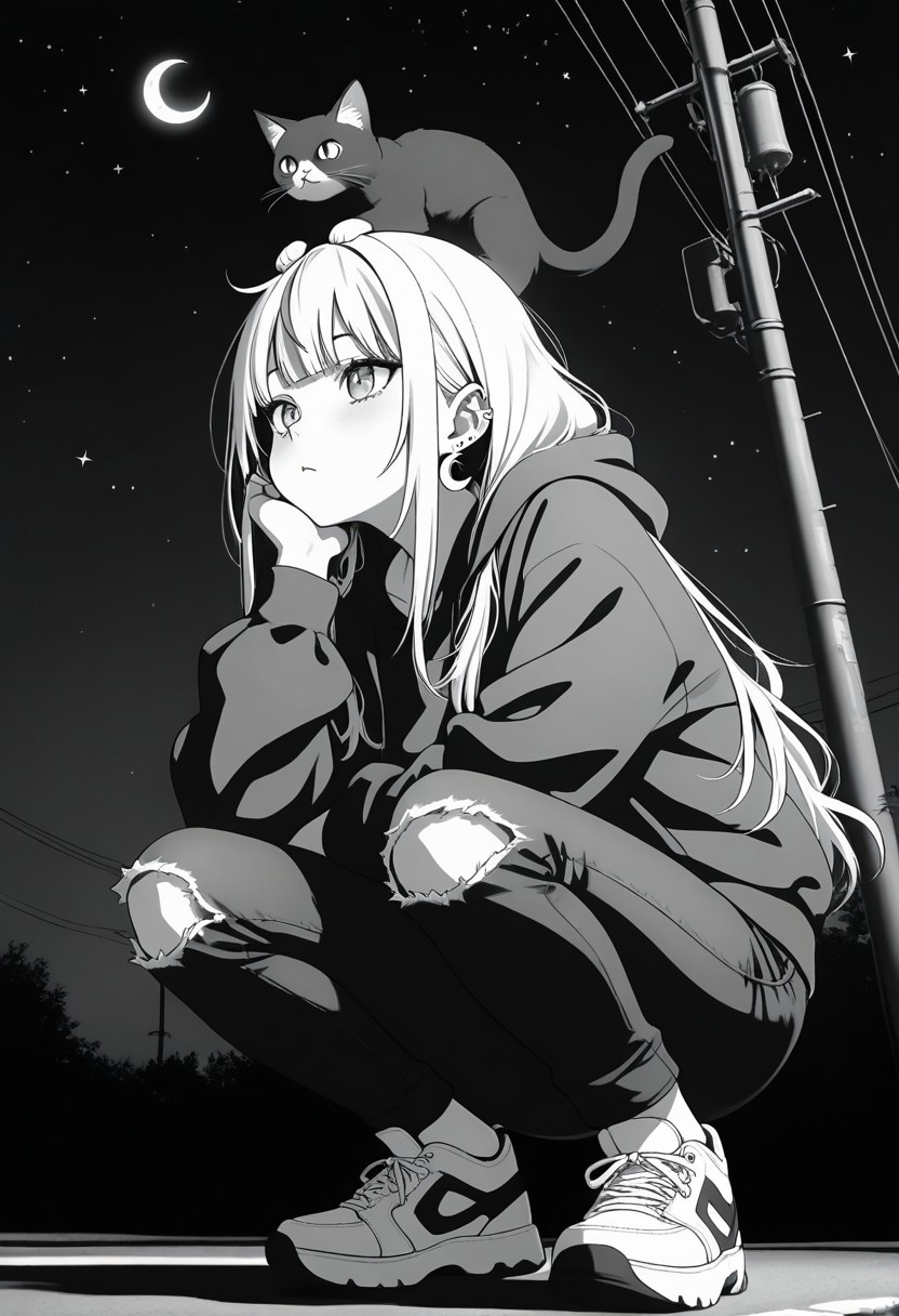masterpiece, best quality, amazing quality, LDSCH, aesthetic, 1girl, crescent_moon, cat, virtual_youtuber, animal_on_head, on_head, long_hair, moon, sneakers, sky, shoes, power_lines, solo, cat_on_head, squatting, pants, bangs, hood, jewelry, night, earrings, outdoors, utility_pole, torn_pants, torn_clothes, star_\(sky\), ear_piercing, piercing, hoodie, head_rest, animal, black_cat, hair_behind_ear, jacket, monochrome, starry_sky, night_sky, torn_jeans, sitting
