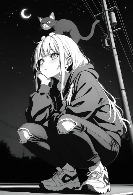 masterpiece, best quality, amazing quality, LDSCH, aesthetic, 1girl, crescent_moon, cat, virtual_youtuber, animal_on_head, on_head, long_hair, moon, sneakers, sky, shoes, power_lines, solo, cat_on_head, squatting, pants, bangs, hood, jewelry, night, earrings, outdoors, utility_pole, torn_pants, torn_clothes, star_\(sky\), ear_piercing, piercing, hoodie, head_rest, animal, black_cat, hair_behind_ear, jacket, monochrome, starry_sky, night_sky, torn_jeans, sitting