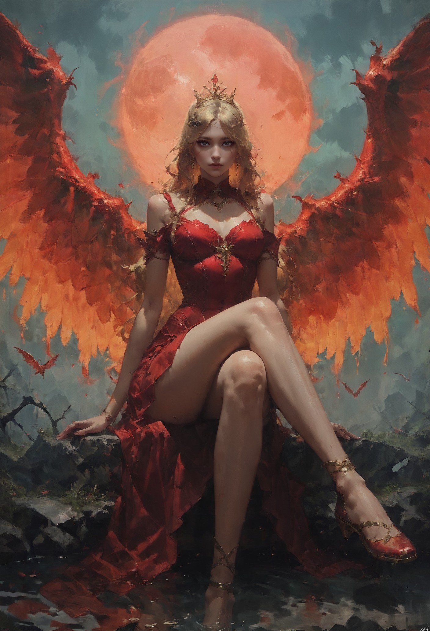 ASCII(score_9, score_8_up:1.1), score_7_up,   1girl, petite, blonde hair, long hair, phoenix wings, glossy red skirt, glossy red top, void forest, sitting on rock, crossed legs, red water, magical, golden tiara, blood moon, void, fire  <lora:Concept Art Eclipse Style LoRA_Pony XL v6:0.8>  <lora:d4rk01lXLP:0.7> d4rk01l